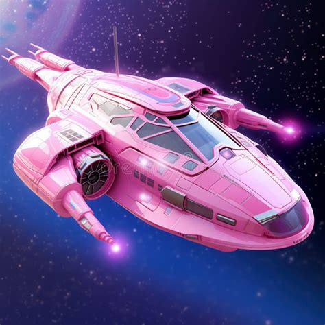 Fantastic Cartoon Pink Spaceship Flies In Outer Space Stock Photo