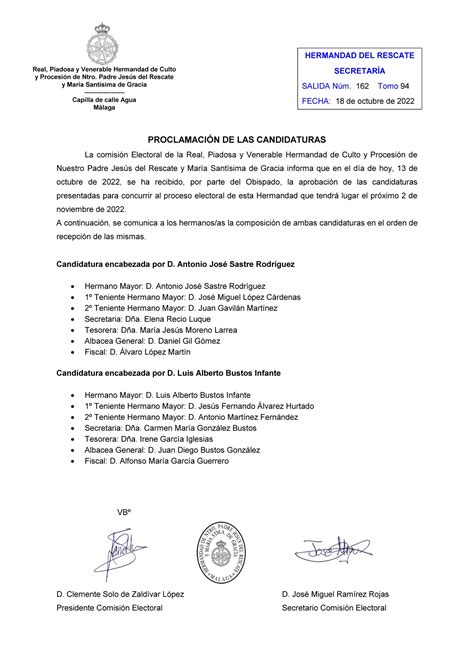 Proclamación de candidaturas oficiales