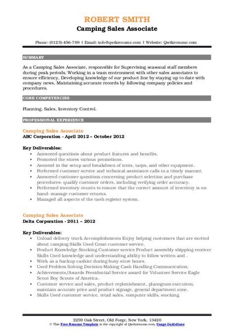 Camping Sales Associate Resume Samples Qwikresume