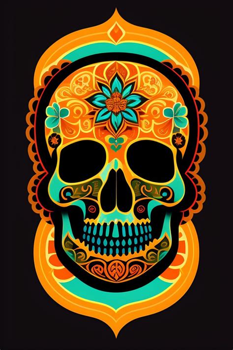 A Colorful Sugar Skull On A Black Background