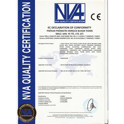 Certificates Pnosan Steam And Flow Control Equipment