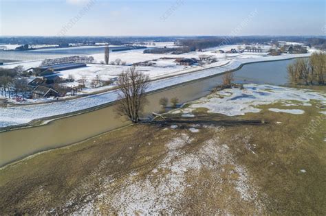 Aerial View Of Floodplains And Dike Along River Netherlands Stock