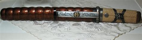 Japanese Sword Tanto Aikuchi In Lacquer Saya And Kozuka With Myoga Mon