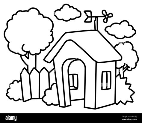 House hut cartoon line drawing, vector, horizontal, black and white ...