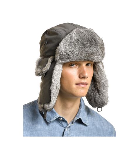 Charcoal B 52 Aviator Hat With Natural Grey Rabbit Fur For Men