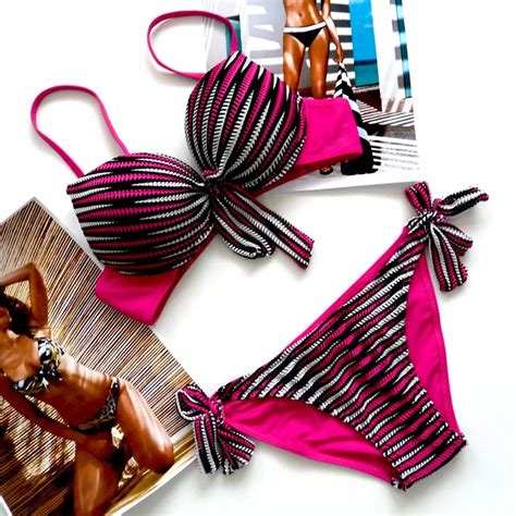 Large Size Xl Women Sexy Striped Bikini Set Sexy Push Up Padded