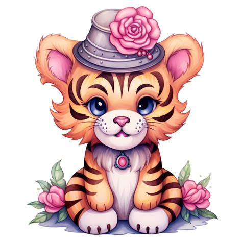 Premium Psd Cute Funny Tiger With Flowers Watercolor Clipart Illustration