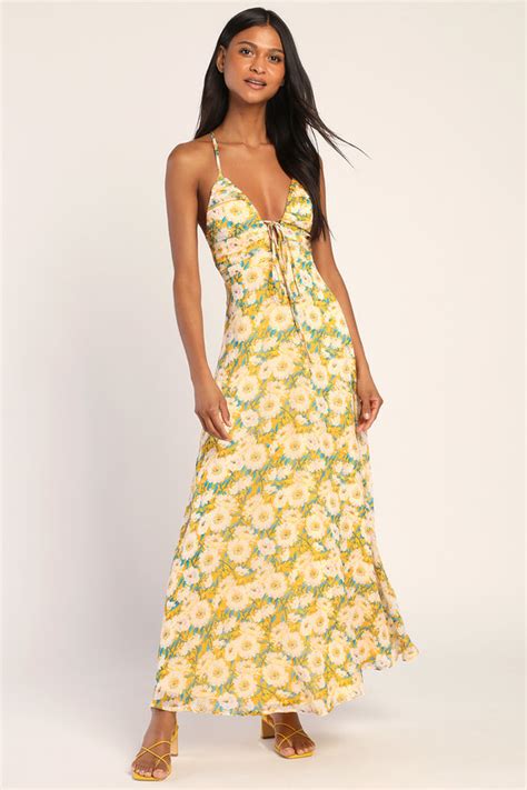 Yellow Floral Dress Backless Maxi Dress Deep V Neck Dress Lulus