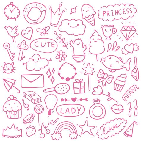 Vector illustration set of pink doodle icons. Theme for cute girls ...