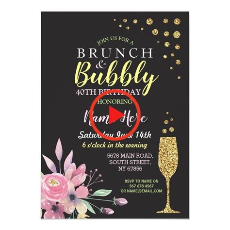 Birthday Floral Brunch And Bubbly Pink Invite Brunch Bubbly Glitter Birthday