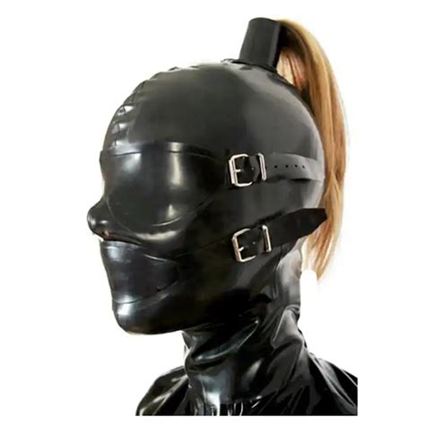 Sexy Latex Headgear Black Latex Mask With Ponytail And Zipper Cosplay