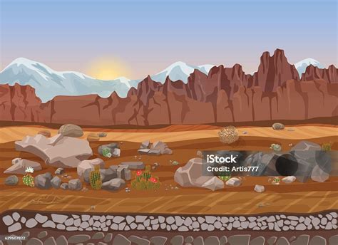 Ilustración De Paisaje Desértico De Piedra Seca De La Pradera De Dibujos Animados Con Cactus