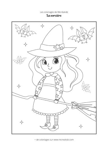 Coloriage sorcière mignonne Dessin à colorier imprimer en PDF