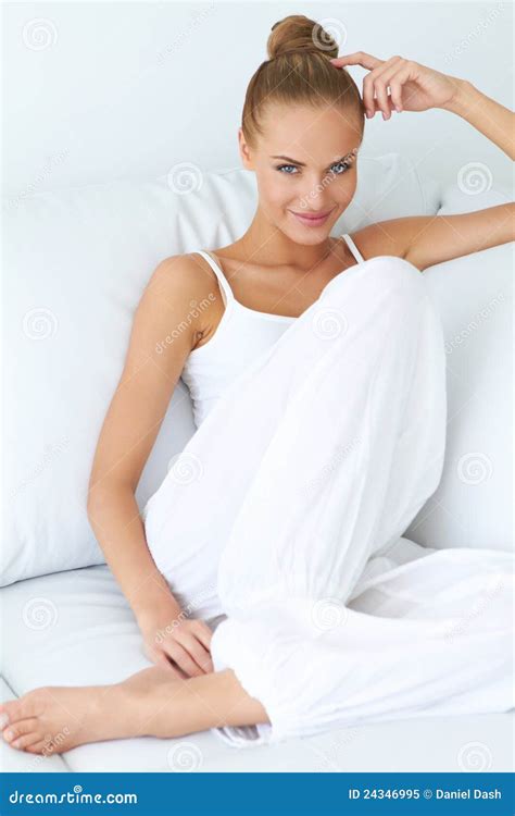 Young Beautiful Woman Sitting On Couch Stock Image Image Of