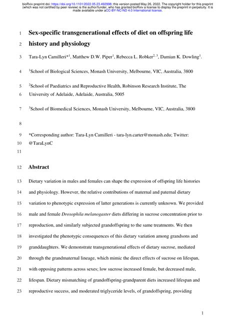 Pdf Sex Specific Transgenerational Effects Of Diet On Offspring Life