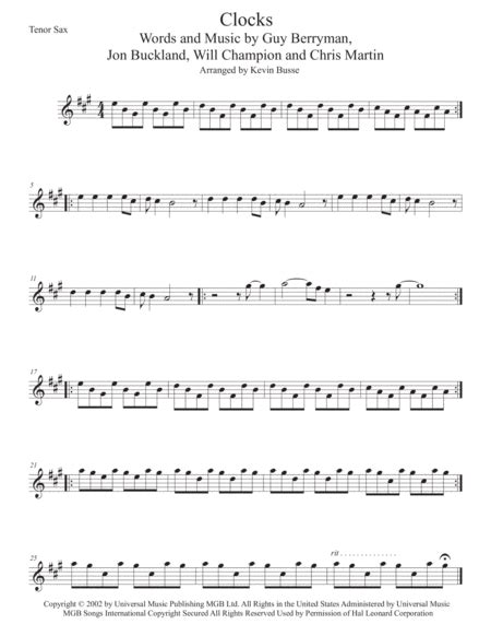 Clocks Arr Kevin Busse By Coldplay Sheet Music For Tenor Sax Solo At