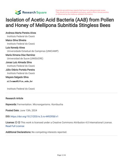 Pdf Isolation Of Acetic Acid Bacteria Aab From Pollen And Honey Of Mellipona Subnitida