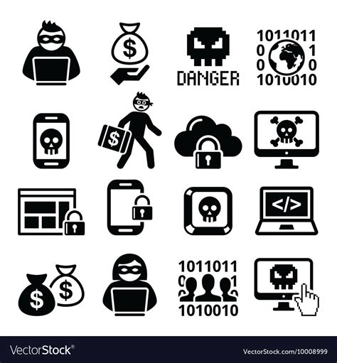 Hacker Cyber Attack Crime Icons Set Royalty Free Vector