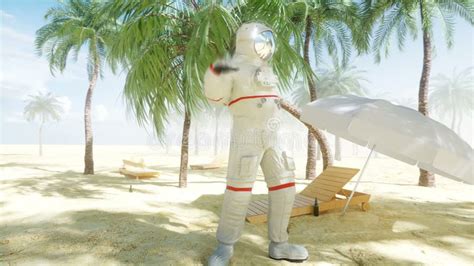 Funny Astronaut Dancing On Sunny Seaside Tourism And Rest Concept