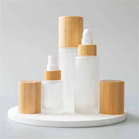 Cosmetic Lotion Pump Bottle Bamboo Lid Frosted Skincare Glass Packaging