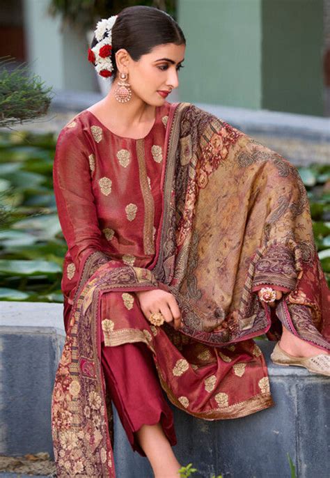 Woven Art Silk Pakistani Suit In Maroon KPV1720