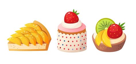 Premium Vector | Summer fruit desserts. Peach cake, fruit tart and fruit cake. Isolated ...