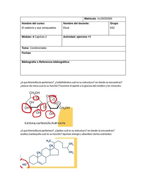 Ejercicio 11 quimica Matrícula AL Nombre del curso El carbono y sus