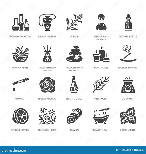 Essential Oils Aromatherapy Vector Flat Glyph Icons Set Elements