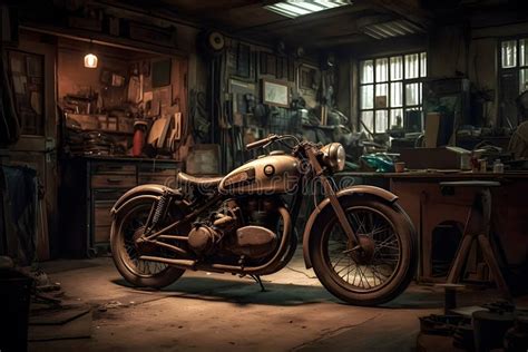 Old Vintage Motorcycle In The Garage Neural Network Ai Generated Stock