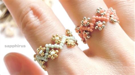 【ビーズステッチ】ジグザグ模様のフラワーリング＊作り方 ビーズリング花模様指輪の作り方 Beaded Flower Ringsdiytutorialseed Beadsbead