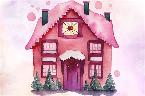 Pink Christmas House Watercolor Clipart PNG By Pacific Store