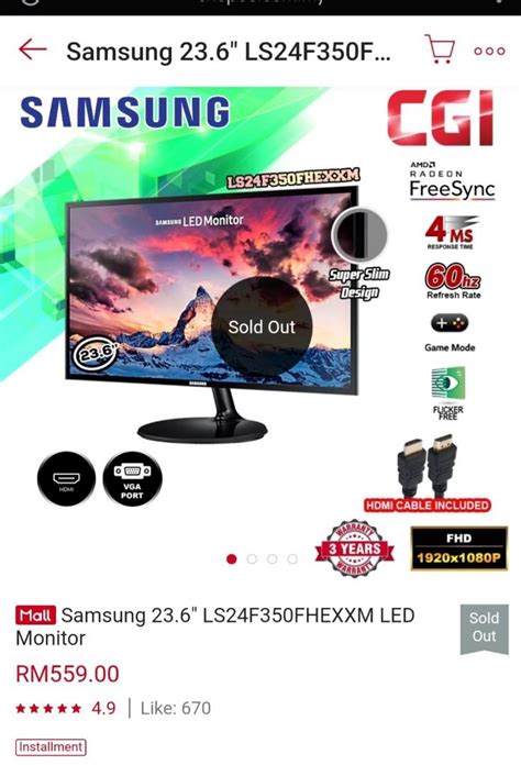 Samsung 24 Inch Ls24f350fhexxm Led Gaming Monitor Computers And Tech Desktops On Carousell