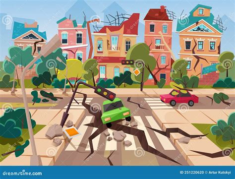 Earthquake Accident in City, Natural Disaster Destroying Buildings, Roads and Cars Stock Vector ...