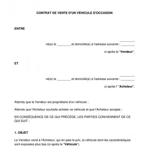 Contrat de Vente d un Véhicule d Occasion Modèle