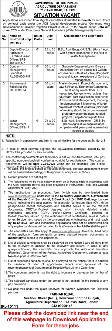 Agriculture Department Punjab Jobs December Application Form Water