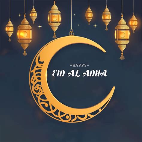 Joyeux Eid Al Adha Avec Un Croissant De Lune Dor Et Des Lanternes