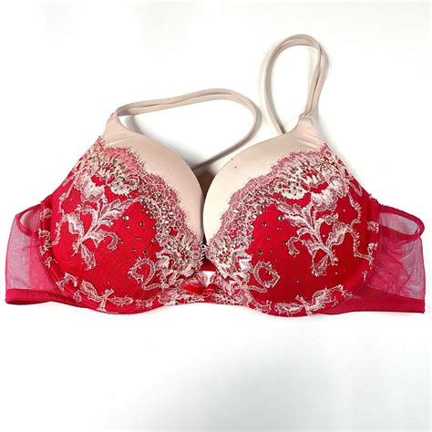 Very Victorias Secret 34b Plunge Pushup Bra Padded Red Bling Floral