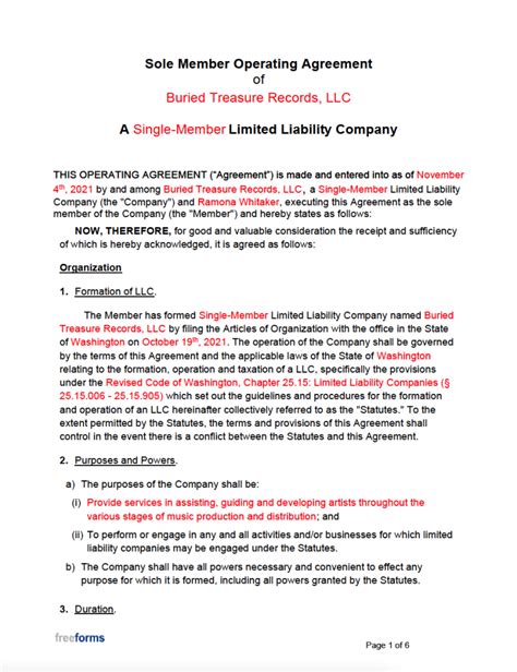 Free Single Member Llc Operating Agreement Template Pdf Word