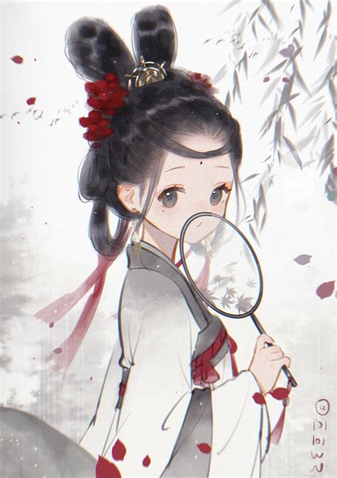 Safebooru 1girl Black Hair Branch Brown Eyes Chinese Clothes Earrings