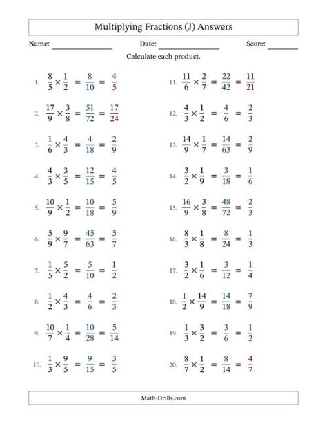 Multiplying Proper And Improper Fractions With All Simplifying Fillable J