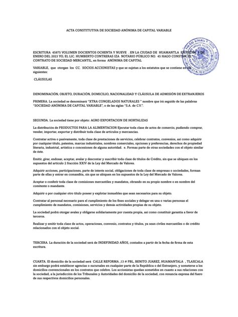 Acta Constitutiva De Sociedad Anónima De Capital Variable Xtra Pdf Sociedad De