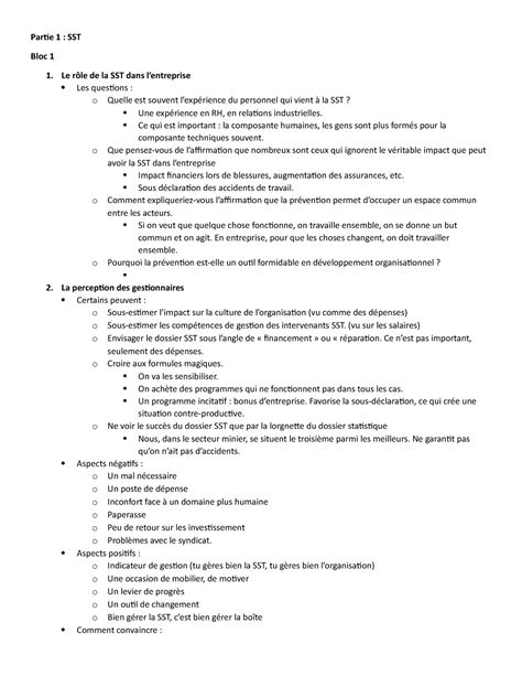 Partie 1 Résumé Santé et sécurité du travail Partie 1 SST Bloc 1