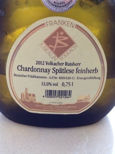 Andreas Braun Volkacher Ratscherr Chardonnay Sp Tlese Feinherb Vivino Us