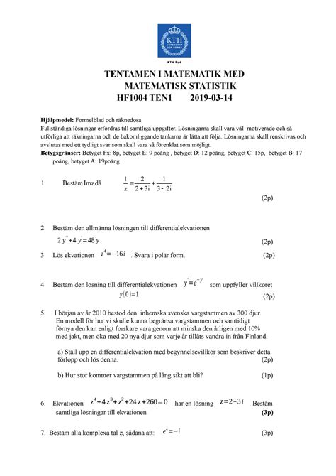 Tenta 1 HF1004 Matematik TENTAMEN I MATEMATIK MED MATEMATISK