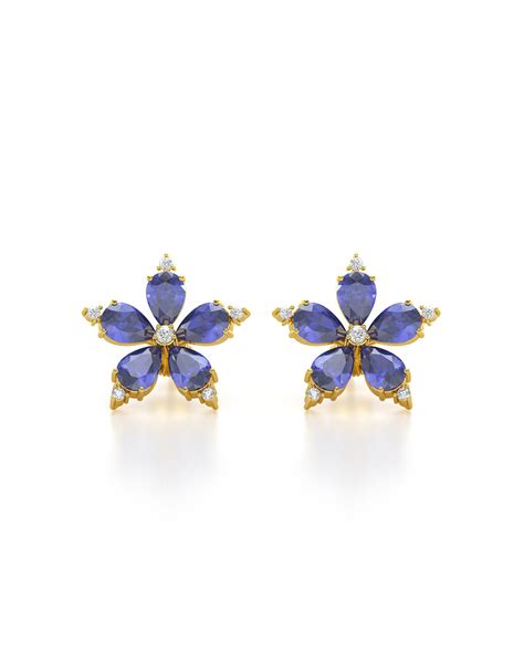 Boucles D Oreille Or Jaune Fleur Tanzanite Et Diamants 4 52grs