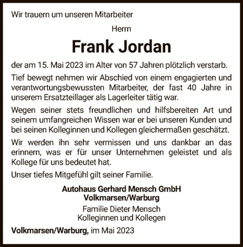 Traueranzeigen Von Frank Jordan Trauer HNA De