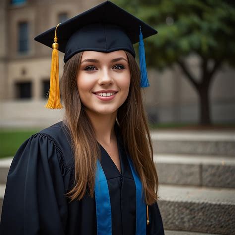 A Woman In A Graduation Cap And Gown Stands On Steps Premium Ai