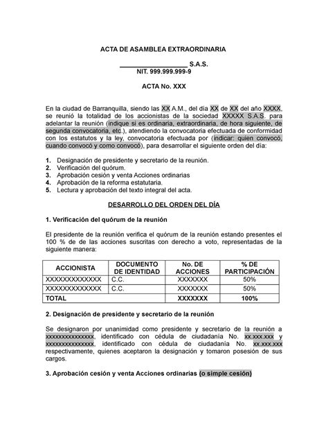 Modelo De Acta Cesion O Venta De Acciones Sas Acta De Asamblea