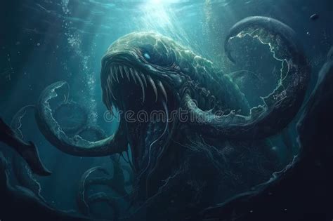 Monstrous Sea Monster Swimming Through Underwater Abyss Its Tentacles