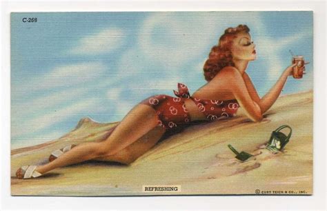 Vintage Bathing Beauty Postcard Woman On Beach Linen Finish 1940s